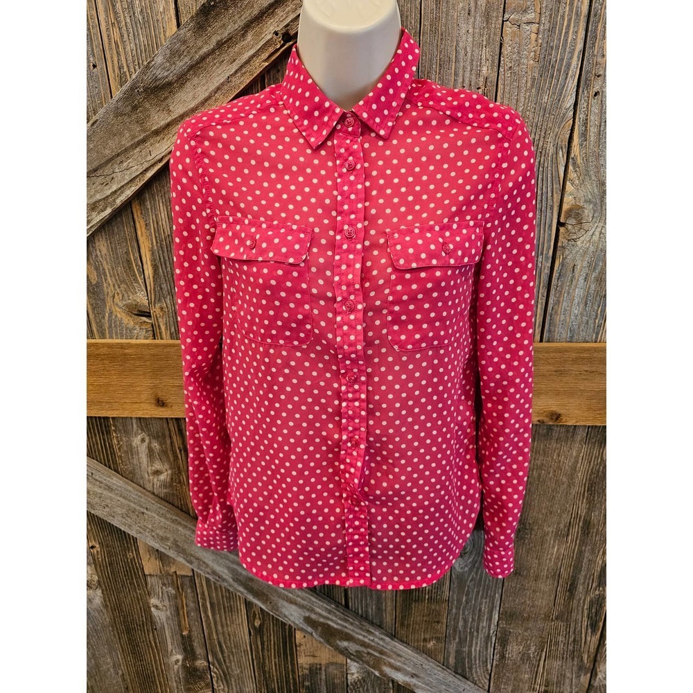 Pink and white polka dot long sleeve sheer button up size XXS ^ EUC